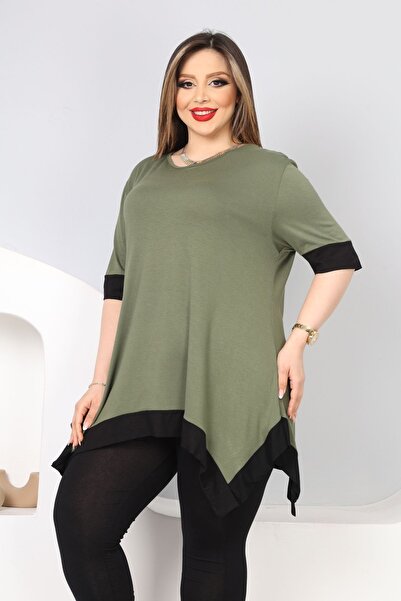 HÜLYA BUTİK Γυναικεία Ασύμμετρη Μπλούζα Χακί Πράσινη Φούστα με Μαύρη Ρίγα