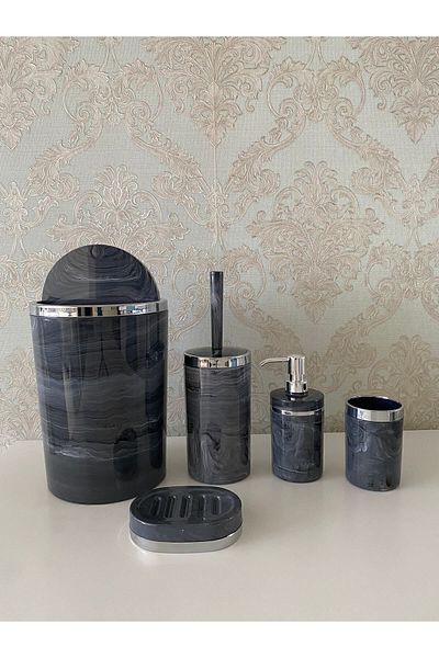 Trend Banyo Mutfak طقم حمام فضي بنمط رخامي مكون من 5 قطع / حامل فرشاة المرحاض، سائل - طبق صابون صلب، سلة المهملات، حامل فرشاة الأسنان