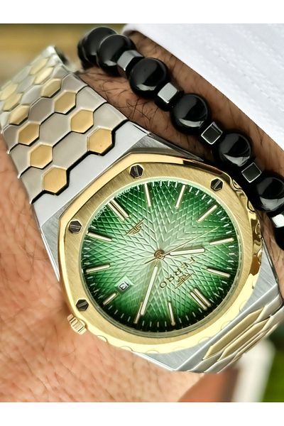 FERRO Men's Wristwatch and Bracelet Rosary - Gold Yellow, Steel Cord