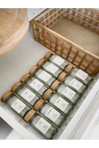 NENA HOME 14-Piece Minimal Bamboo Square Glass Set - Spice Rack (12 Pieces)