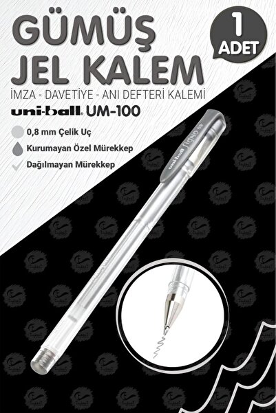 t tuğset etiket Uni-Ball Um-100 Signo Fine Roller Kalem  GÜMÜŞ 1 Adet 0.8 mm ...