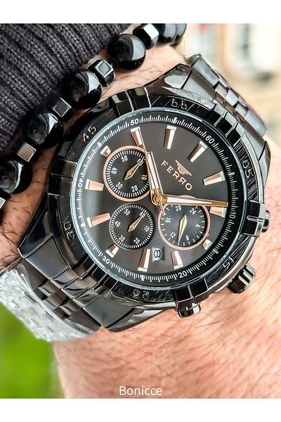 FERRO Black/rose Steel Cord Functions Active Men's Wrist Watch Bracelet