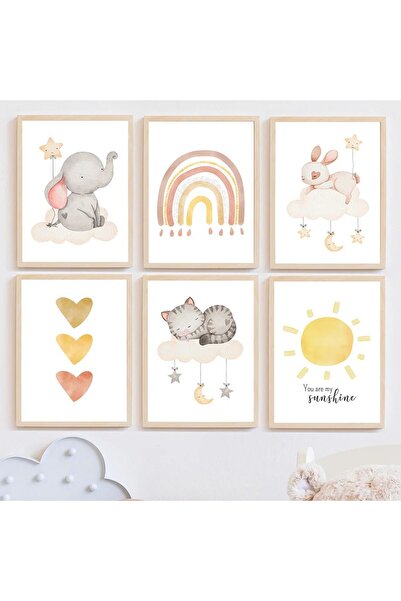 TABLOX Ay Işığı Uykusu 6’lı Çerçeve Görünümlü MDF Tablo Seti-Bebek ve Çocuk Odası Dekoru