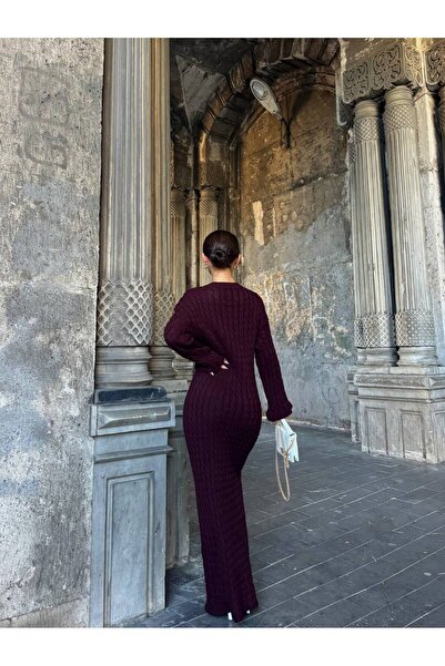 Askı Nişantaşı Bordo Bisiklet Yaka Saç Örgülü Triko Elbise 101-01382