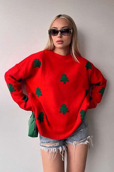 bacc Women's Red Christmas Themed Oversize Knitwear Sweater Bc 231051