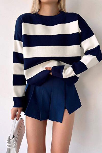 bacc Kadın Lacivert Bisiklet Yaka Çizgili Yumuşak Dokulu Basic Triko Kazak Bc...