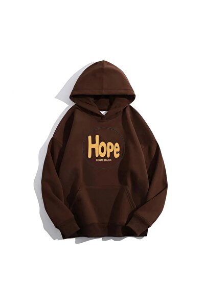 FECCY Hanorac unisex din bumbac oversize cu imprimeu Hope, maro - cu glugă