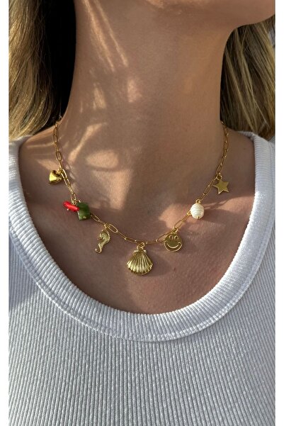 jewine studio Altın Kaplama Ataç Zincirli Charm Kolye