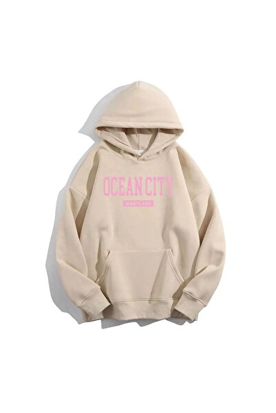 FECCY Unisex Γυναικεία/Ανδρικά Μπεζ Φούτερ Digital Ocean City με τύπωμα overs...