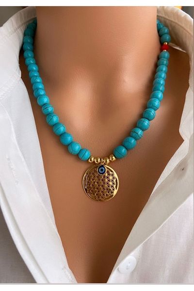 Trend Jewellery قلادة نسائية مطلية بالذهب على شكل زهرة الحياة باللون الأزرق الفيروزي الطبيعي
