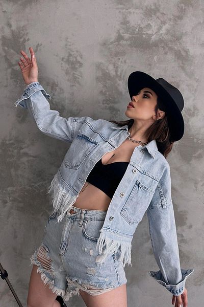 bacc Jachetă de denim cu franjuri albastru gheață pentru femei Bcdf- 245413