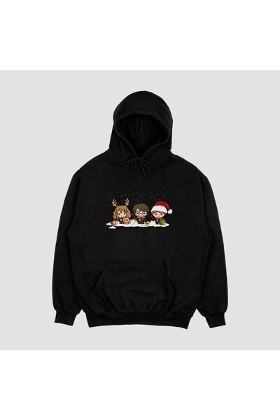 FECCY Unisex Black New Year Harry Potter Hermony Ron Printed Oversize Hooded Sweatshirt
