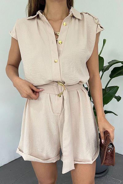 bacc Beige Aerobin Woven Shorts Jumpsuit - Shoulders with Epaulettes and Belt Bcdf-238802