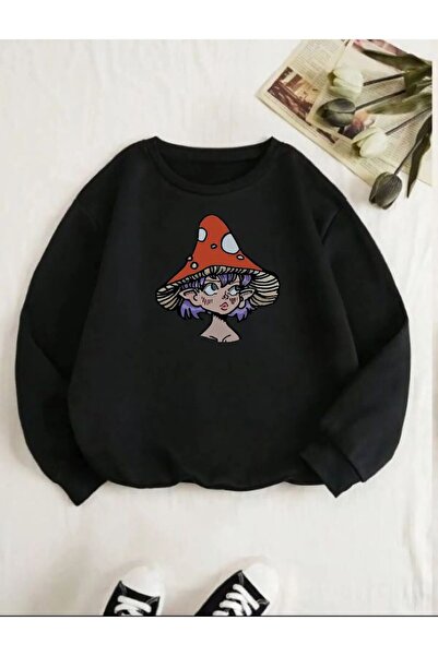 FECCY Hanorac negru din bumbac oversize unisex cu imprimeu digital ciuperci -...