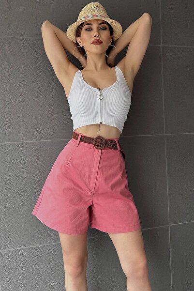 bacc Kadın Gül Kurusu Beli Kemerli Geniş Paçalı Mom Şort Bcdf-233305