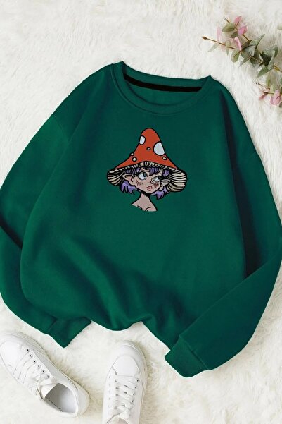 FECCY Green Digital Mushroom Printed Unisex Oversize Cotton Sweatshirt - Crew...