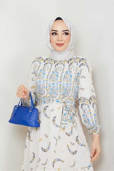 BAV Butik Ayvitrin Women's Authentic Banana Pattern Linen Linen Hijab Dress