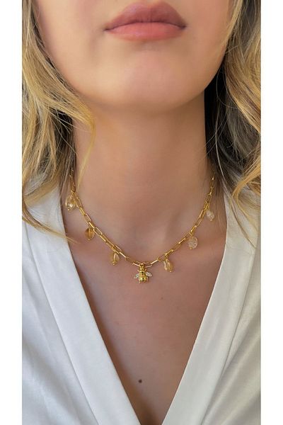 jewine studio Natural Citrine Stone Abundance Magnet - Luck and Blessings Design Steel Necklace with Bee Figure