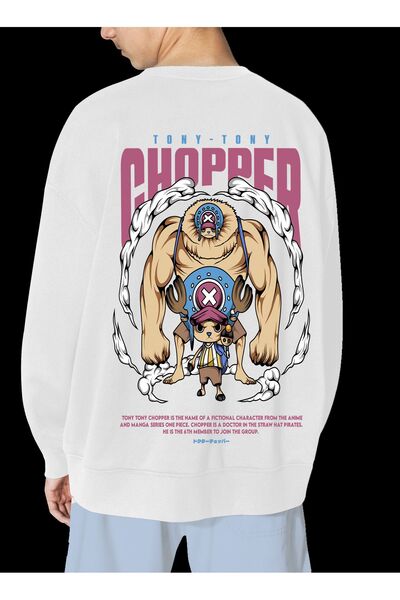 FECCY Hanorac unisex alb cu imprimeu Chopper, supradimensionat, fără glugă