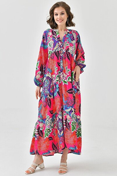 bacc Fuchsiový límec pro soudce - dlouhé hidžábové šaty z viskónu s polovičními knoflíky Bc241150