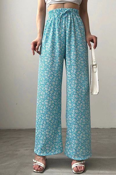 bacc Blue Patterned Women's Trousers - Elastic Waist, Wrap Bcdf-241104