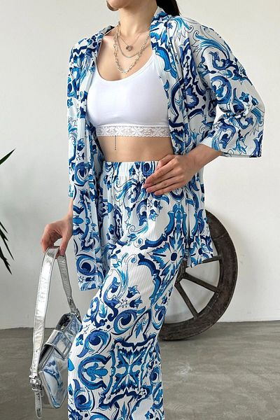 bacc Light Blue Patterned Women's Trousers and Kimono Set - Crinkle Fabric Bcdf-241201