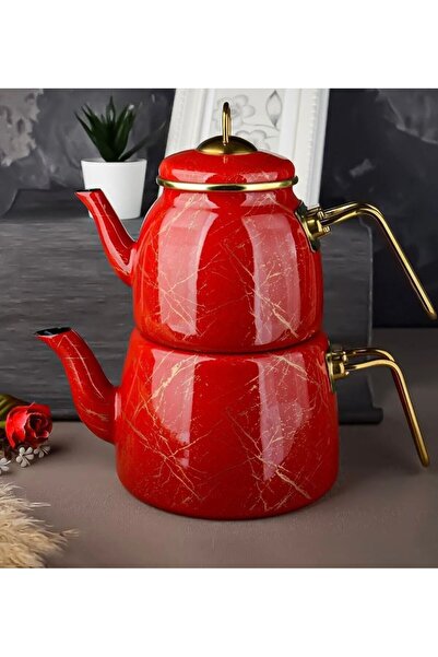 DURA ELİTE CLASS KIRMIZI KIRIK MERMER EMAYE 2Lİ ÇAYDANLIK