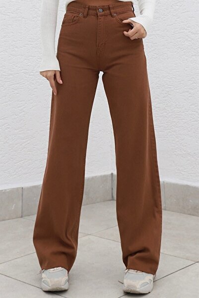 DRC trend Καφέ Lycra Super ψηλόμεσο φαρδύ τζιν Palazzo Παντελόνι Super ψηλό φαρδύ πόδι