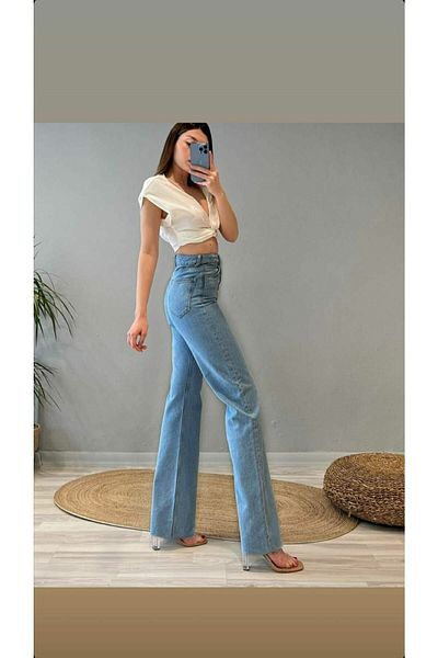 DRC trend Lycra albastră din anii 90 - Blugi Palazzo largi cu talie super înaltă (picior lat)