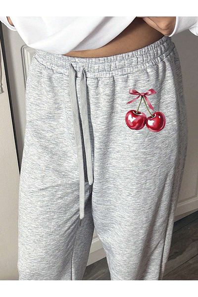 Mythologie Ψηλόμεσο ελαστικό Cherry Ribbon Printed Grey Jogger Sweatpants - Χειμώνας