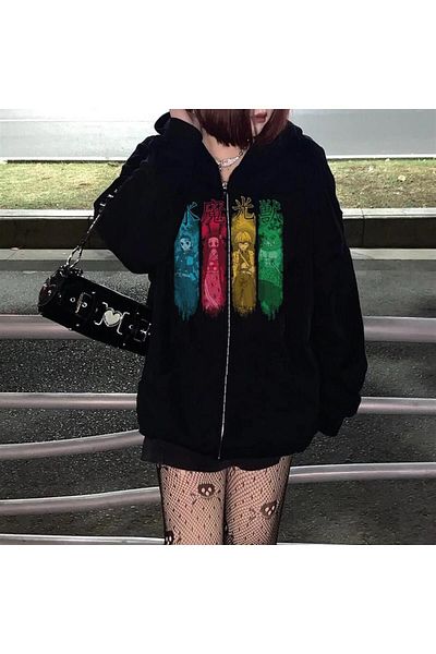 Mythologie Demon Slayer Thick Cardigan - Μαύρη εμπριμέ καλοκαιρινή ζακέτα με φερμουάρ και τσέπη με κουκούλα