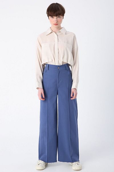ALLDAY Pantaloni largi din bumbac albastru cu nervuri, cu ciucuri