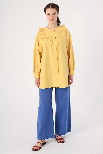 ALLDAY Yellow Ruffle Detailed Cotton Crew Neck Shirt Tunic