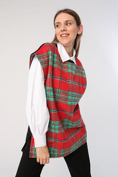 ALLDAY Rot-grüner, übergroßer Schlitzpullover mit Karomuster