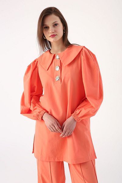 ALLDAY Orange-Gold Buttoned Large Collar Trousers Suit