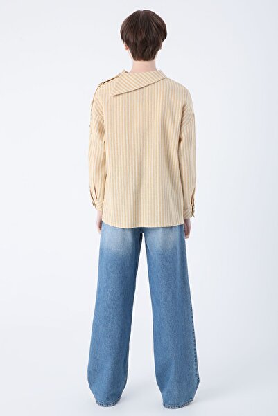 ALLDAY Yellow-Cotton Shoulder Buttons Striped Blouse