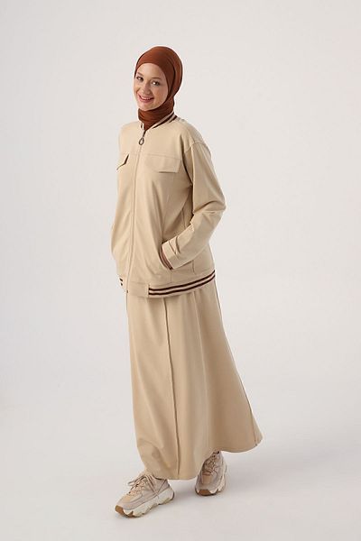 ALLDAY Bej01 Striped Ribbed Skirt and Short Cardigan Suit