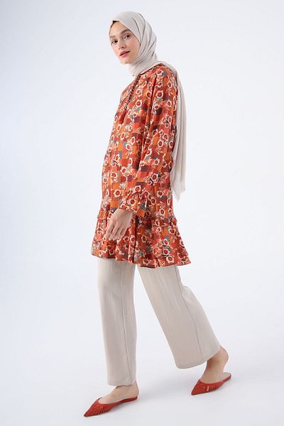 ALLDAY Brick-beige Patterned Viscose Tunic with Frilled Collar Sleeves and Zipper Closure on the Skirt