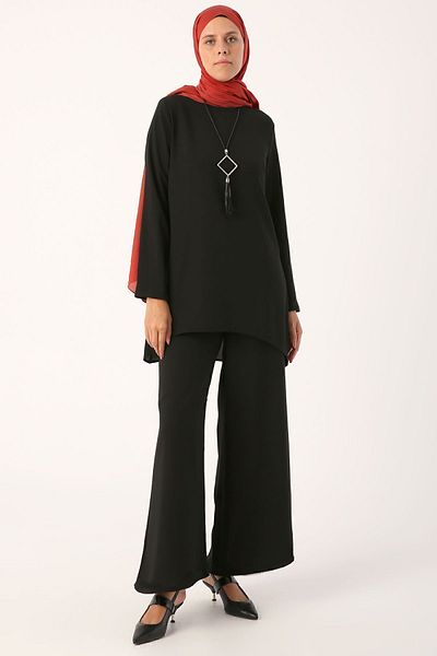 ALLDAY Black Necklace Wide Leg Trousers Tunic Suit