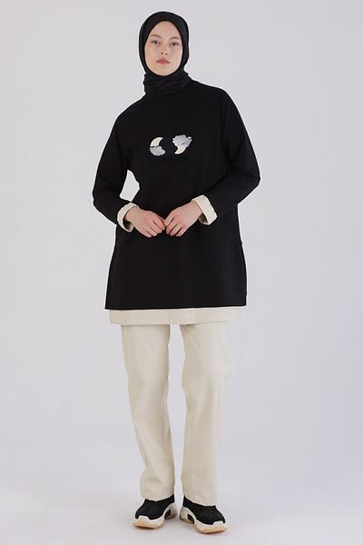 ALLDAY Black Leather Garnished Embroidered Tunic