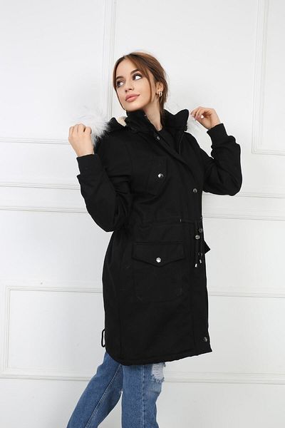B&T Women's Black Plush Removable Gabardine Fabric Coat