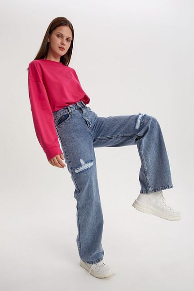 ALLDAY Pantaloni albastri din denim cu picior tubular 100% bumbac