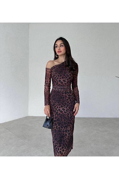 manana fashion Leopard One Shoulder Sleeve Tulle Detail Midi Elegant Dress