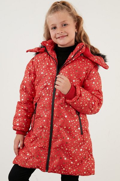 Lela Faux Fur Collar Star Pattern Removable Hooded Plush Lined Winter Coat Girls' M