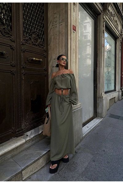 manana fashion Set bluză și fustă de in kaki guler Madonna