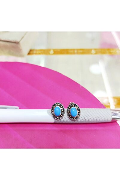 Oriental Kuyumculuk Jewellery Firuze Taşlı Markazit Gümüş Oval Küpe
