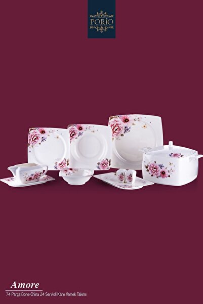 Porio Amore 74 Parça Bone China 24 Servisli 12 Kişilik Kare Porselen Yemek Ta...