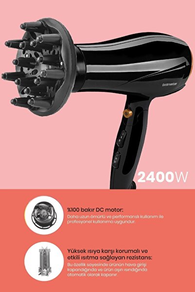 GOLDMASTER Karayel 2400 Watt Dc Motor Hız Ve Isı Ayarlı Katlanabilir Difüzörlü Saç Kurutma Makinesi