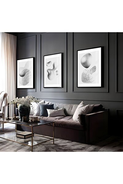 Harikabirev HARİKABİREV | COMBINAT DE BALOANE ABSTRACTE ALBE-GRIGI | TABLO DE STICLA CU CADRU 3 PIESE VERTICAL