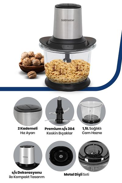 GOLDMASTER Prochopper 1.5 Lt Large Glass Bowl 2 Level Adjustable 4 Blade Inox Rondo Chopper Gm7277